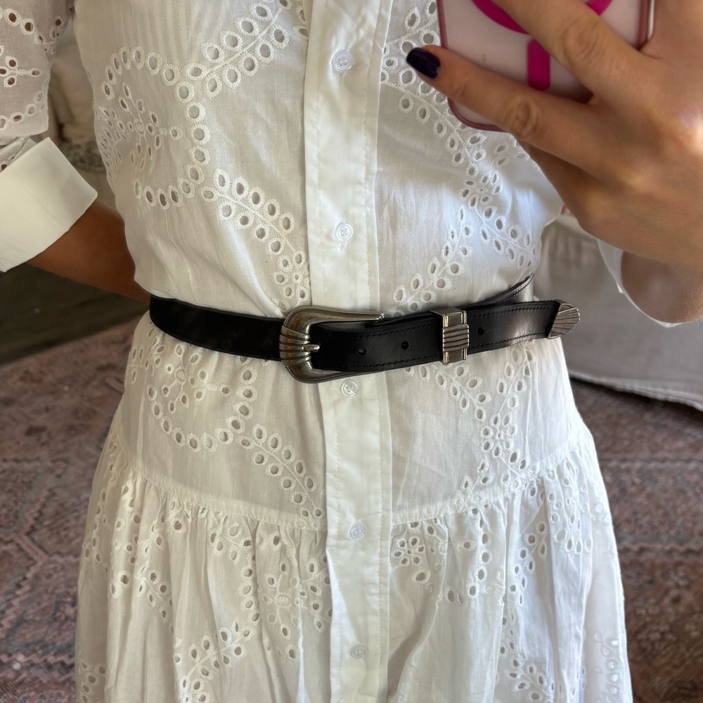Black leather Tecovas belt with silver